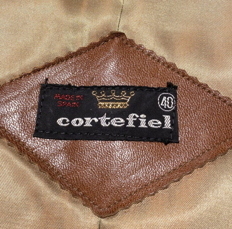 Cortefiel Leather Trench Coat Men's 40 Vintage 70s Brown Button-Front Collared