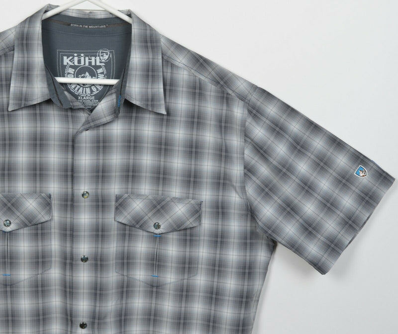 Kuhl Eluxur Men's XL Pearl Snap Gray Plaid Polyester Ionik Hiking Outdoor Shirt