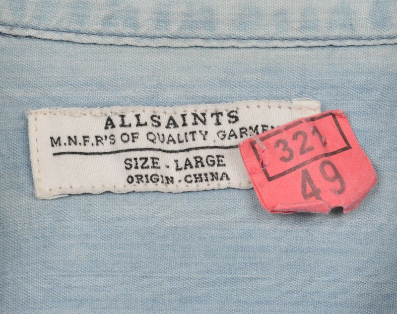AllSaints Men's Large Pearl Snap Blue Denim 3/4 Sleeve Western Rockabilly Shirt