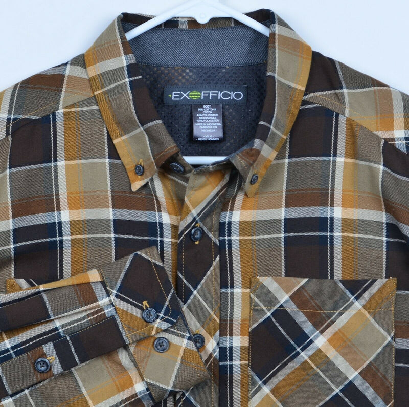 ExOfficio Men's Medium Brown Plaid Mesh Hiking Outdoors Travel Long Sleeve Shirt