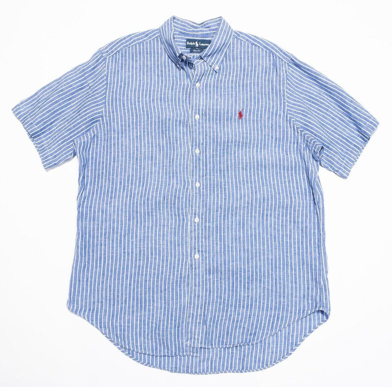 Polo Ralph Lauren Linen Shirt Large Classic Fit Men's Blue Striped Button-Down