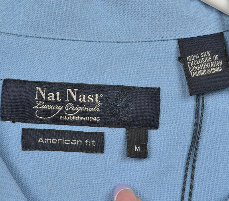 Nat Nast Men's Medium American Fit 100% Silk Blue Panel Striped Bowling Shirt