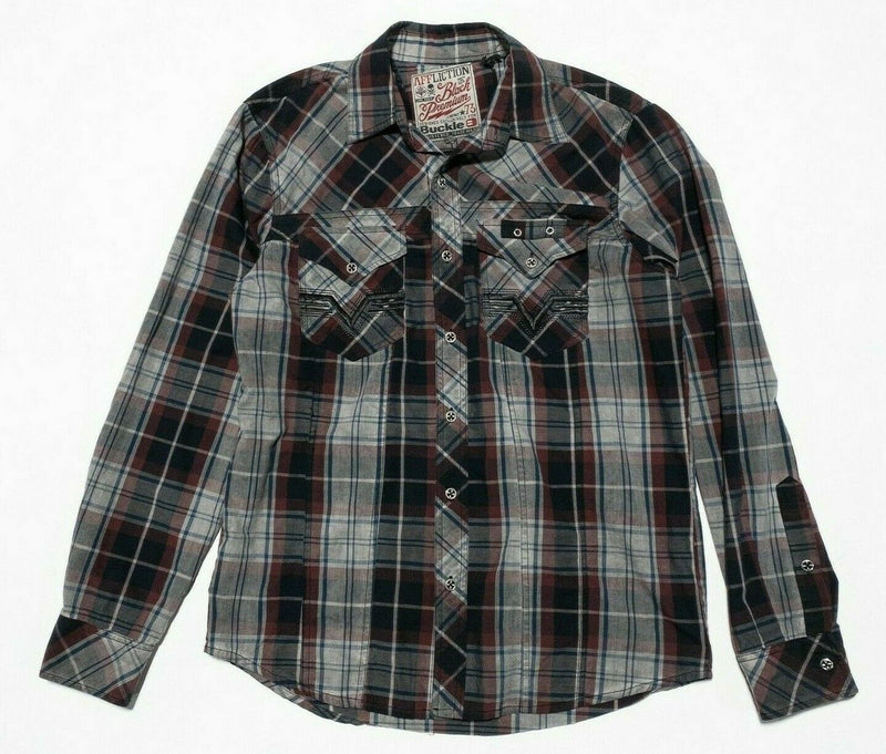 Affliction Black Premium Buckle Shirt Embroidered Tribal Red Gray Plaid Medium