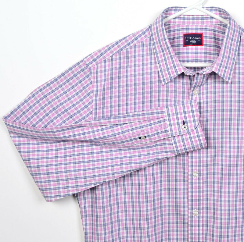 UNTUCKit Men's Large Wrinkle Free Pink Blue Plaid Check Button-Front Shirt