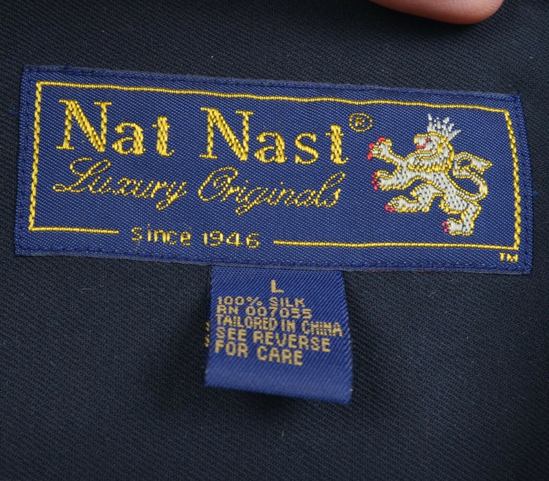 Nat Nast Men's Sz Large 100% Silk Black Cream Accents Bowling Hawaiian Shirt