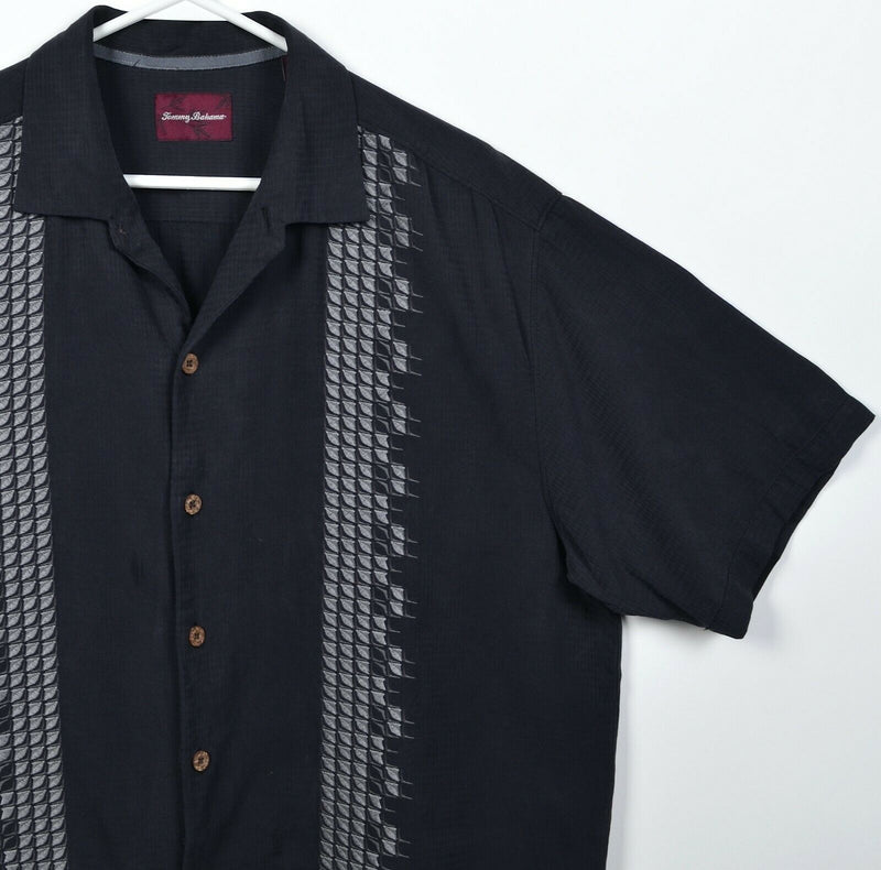 Tommy Bahama Men's Large Silk Blend Black Panel Striped Hawaiian Bowling Shirt