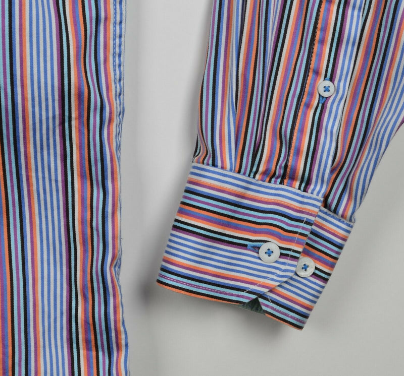 Bugatchi Uomo Men's Sz Medium Flip Cuff Multicolor Striped Casual Dress Shirt