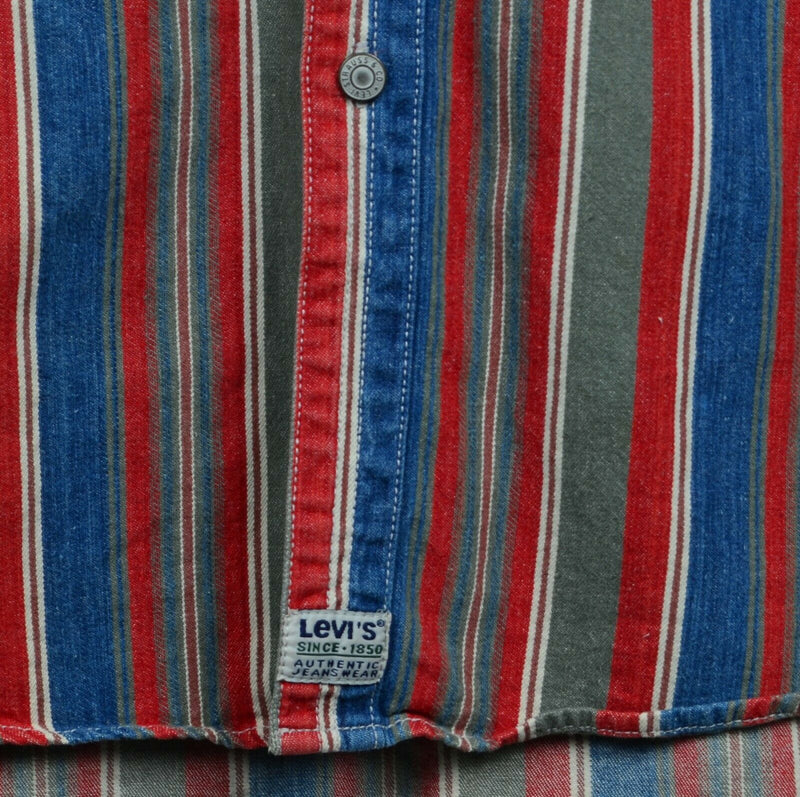 Vtg 90s Levi's Mens Sz Large Metal Rivet Buttons Red Blue Striped Railroad Shirt