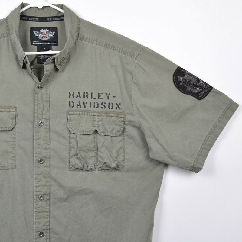 Harley-Davidson Men's Sz XL Military Style Green Garage Mechanic Biker Shirt