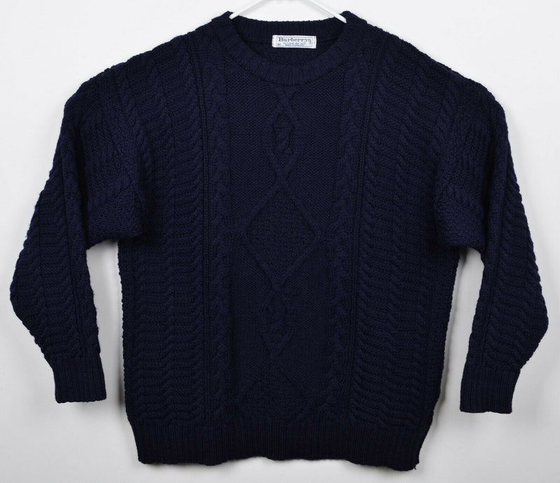 Vintage 80s Burberry Men's Medium Cable-Knit Fisherman Navy Blue Sweater