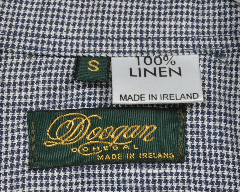 Doogan Donegal Men's Small 100% Linen Navy Blue Houndstooth Plaid Irish Shirt