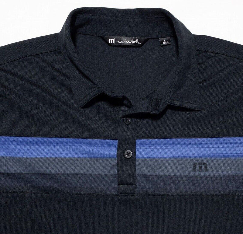 Travis Mathew Large Polo Shirt Men's Golf Wicking Polyester Black Chest Stripe