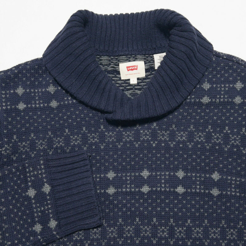 Levi's Men's Large Fair Isle Geometric Shawl Collar Navy Blue Knit Sweater