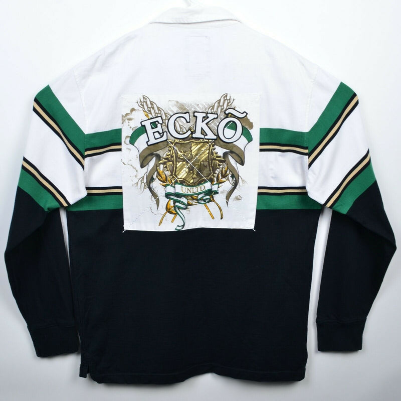 Ecko Unltd. Men's XL Rugby Black Green Chunky Stripe Crest Spell Out Polo Shirt