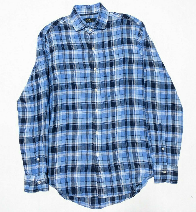 Polo Ralph Lauren Linen Shirt Blue Plaid Spread Collar Long Sleeve Men's Small