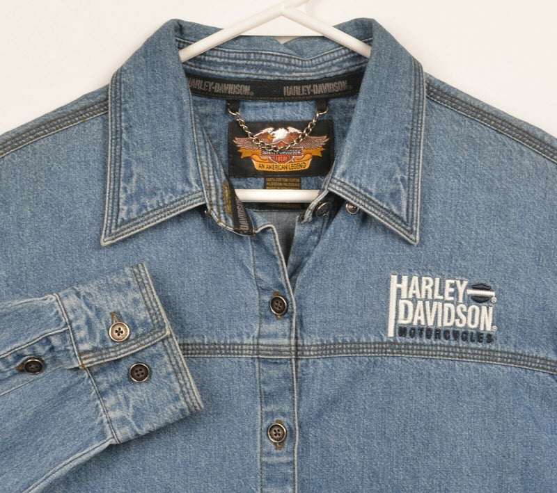 Harley-Davidson Women's Large Blue Denim Embroidered Biker Button-Front Shirt