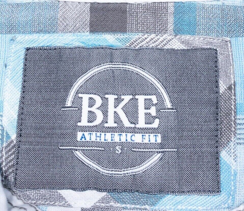 BKE Pearl Snap Shirt Small Athletic Fit Men Blue Plaid Western Rockabilly Buckle