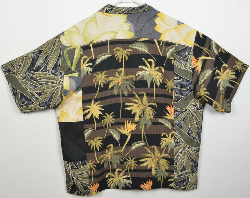 Tommy Bahama Men's XL 100% Silk Floral Collage Quilt Green Hawaiian Shirt