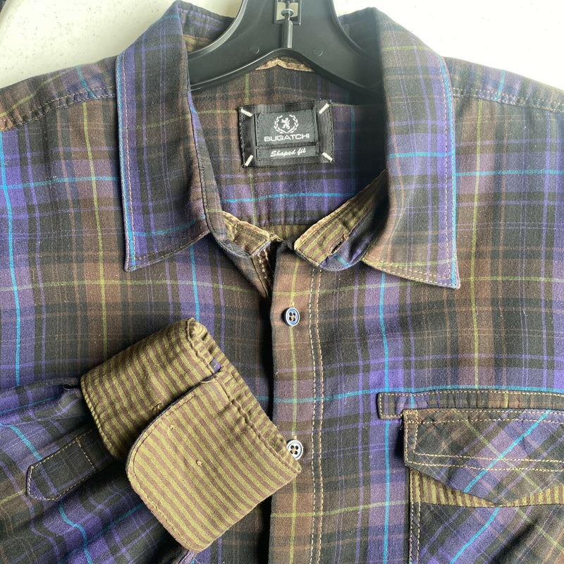 Bugatchi Men's 2XL Shaped Fit Brown Purple Plaid Flip Cuff Button-Front Shirt