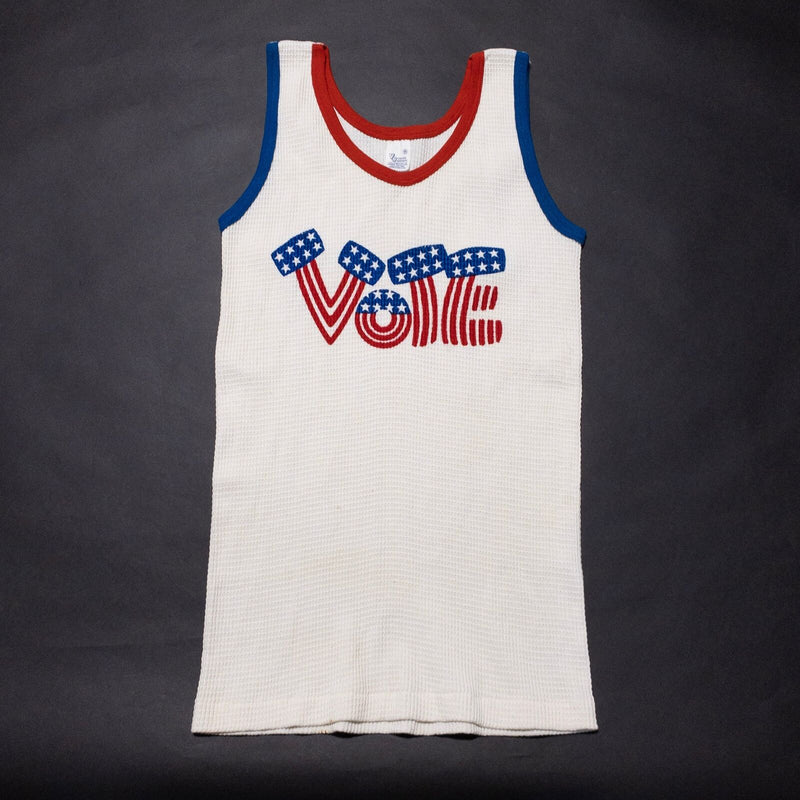 Vintage 70s Vote Tank Top Adult Medium Velva Sheen Waffle Knit Patriotic USA