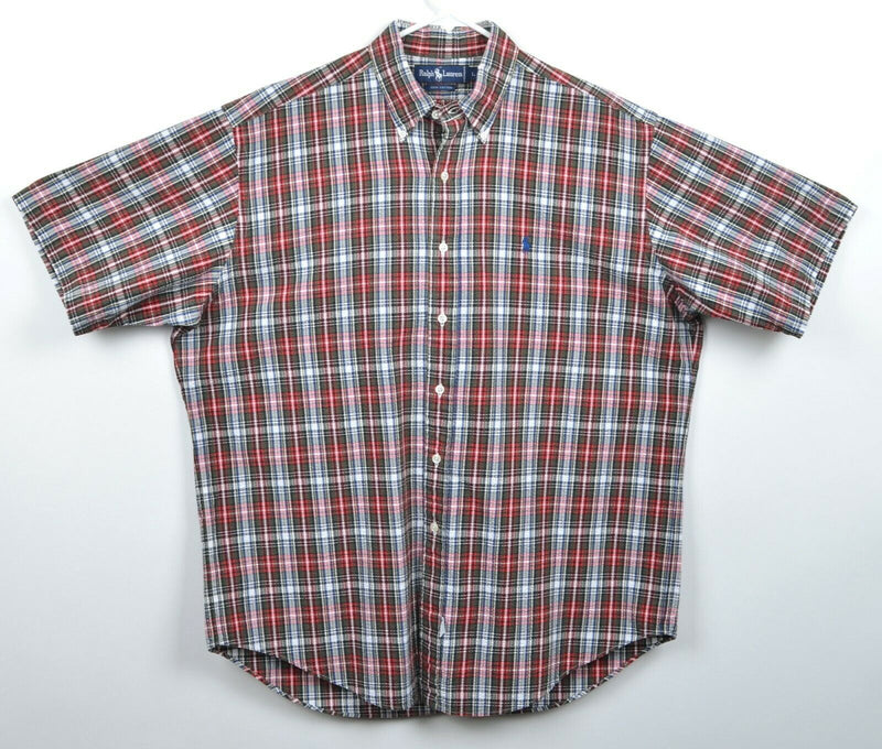 Polo Ralph Lauren Men's Sz Large Seersucker Red Green Plaid Short Sleeve Shirt