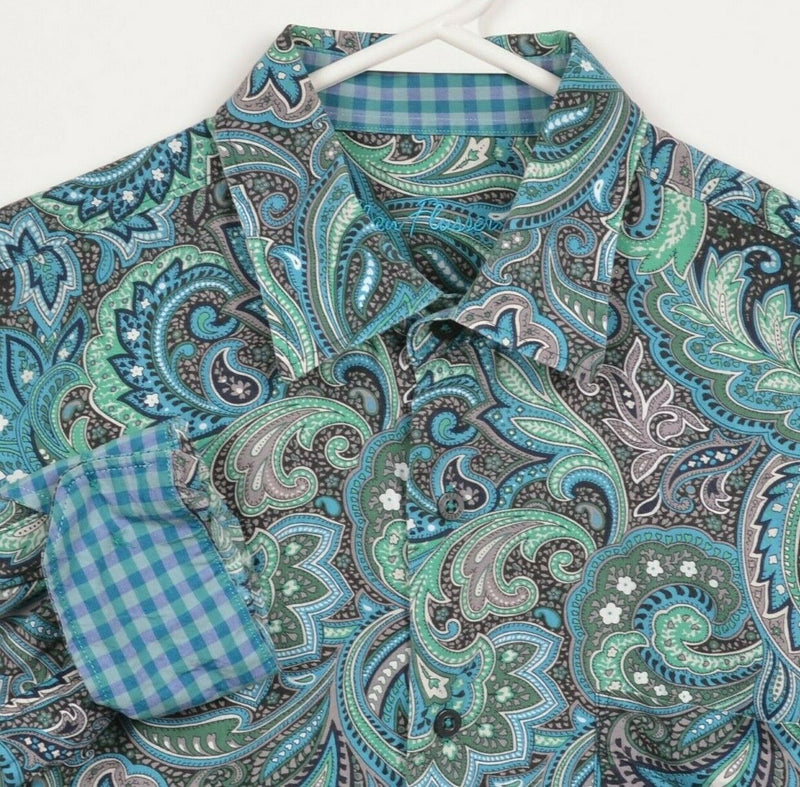 Alan Flusser Men's Large Flip Cuff Paisley Green Blue Button-Front Shirt