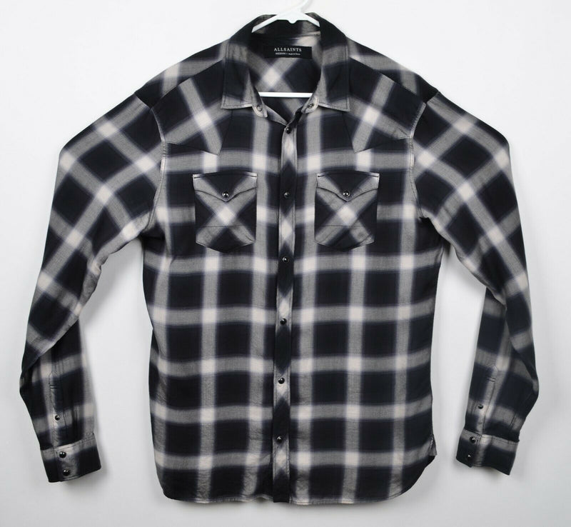 AllSaints Men's Sz Medium Pearl Snap Black White Plaid Greenboro LS Shirt