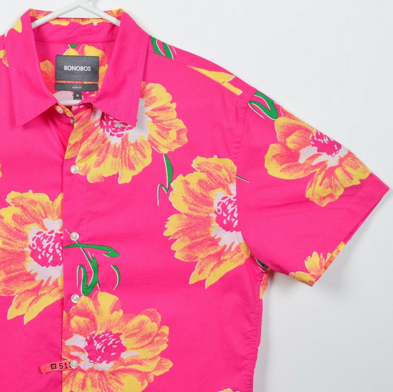 Bonobos Men's Medium Slim Fit Hot Pink Floral Short Sleeve Button-Front Shirt