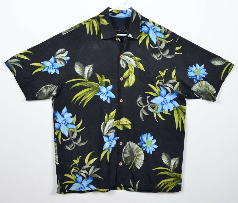 Tommy Bahama Men's Large 100% Silk Black Blue Green Floral Hawaiian Aloha Shirt