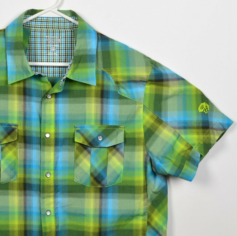 Mountain Hardwear Men's Large Pearl Snap Green Blue Plaid Short Sleeve Shirt
