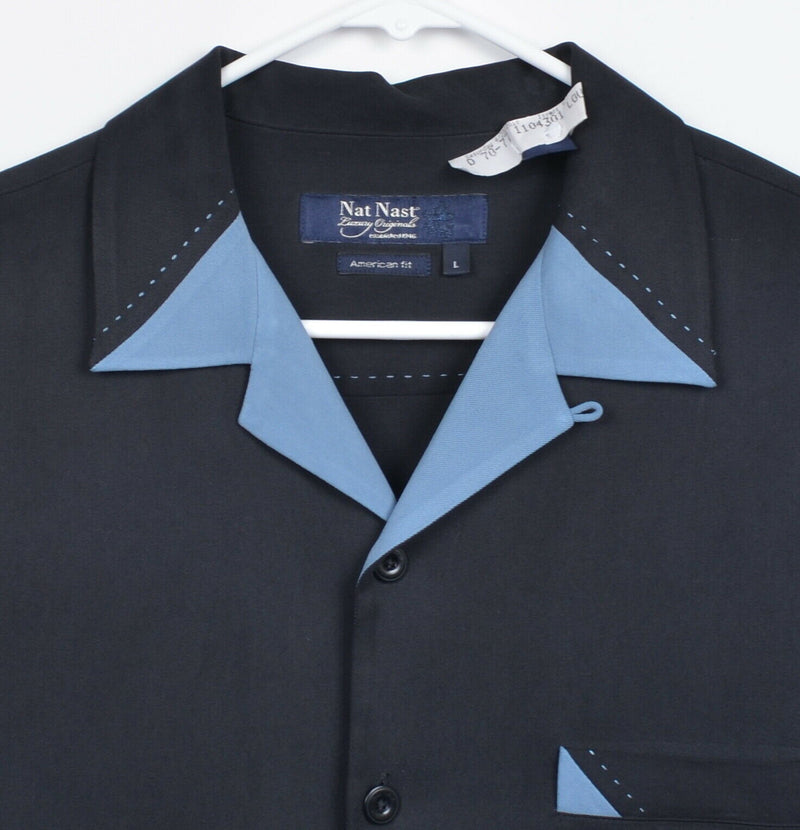 Nat Nast Men's Sz Large American Fit 100% Silk Black Blue Hawaiian Camp Shirt