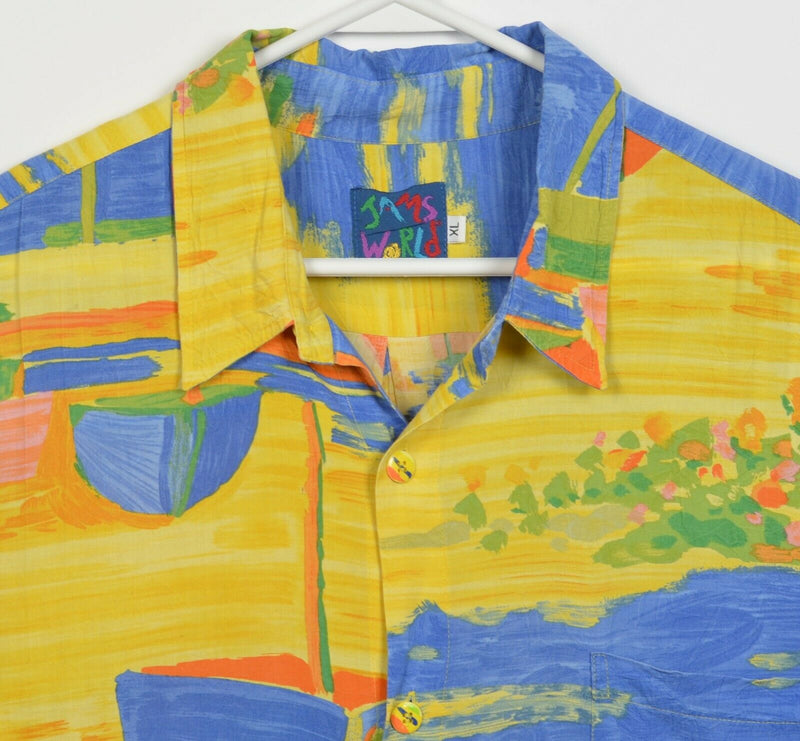 Jam's World Men XL Low Tide Sailboats Watercolor Crinkle Rayon Hawaiian Shirt