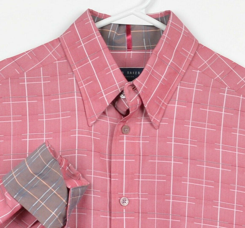 Ted Baker Men's 3 Flip Cuff Pink Geometric Lines Polynosic Button-Front Shirt