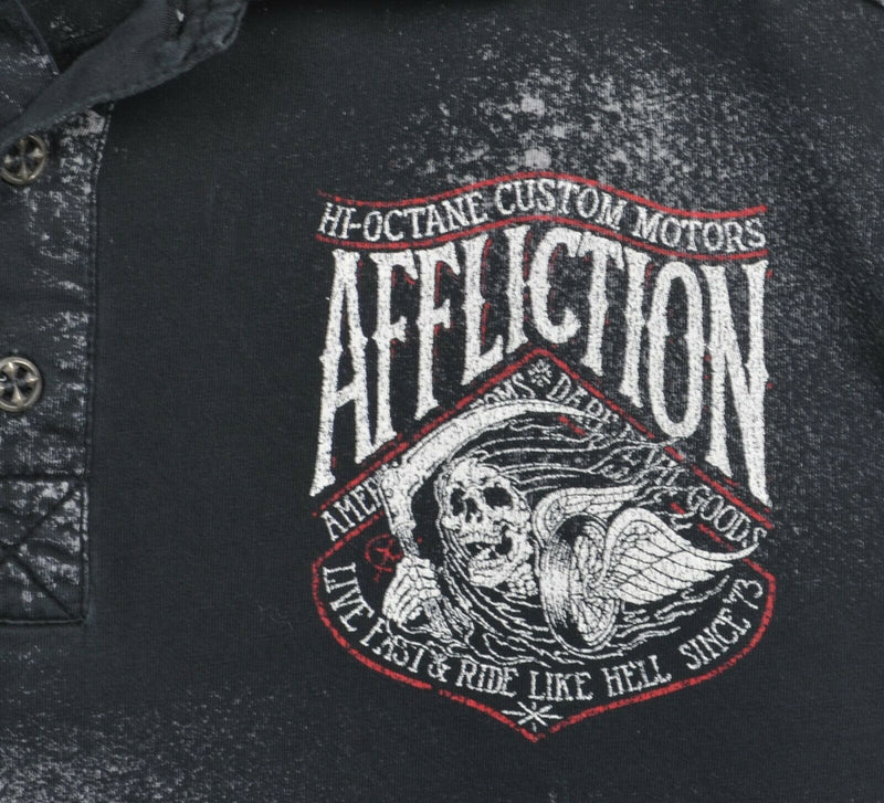 Affliction Men's Small Grim Reaper Custom Motors Black Distressed Polo Shirt