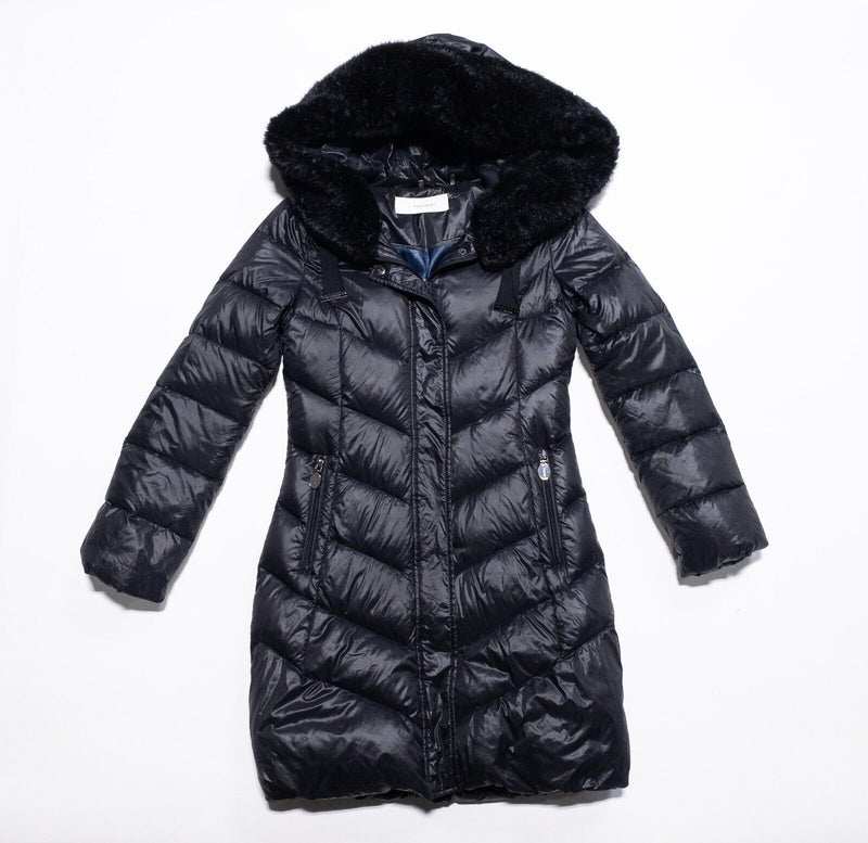 T Tahari Puffer Coat Women's XS Long Down Fill Hooded Faux Fur Trim Zip Black