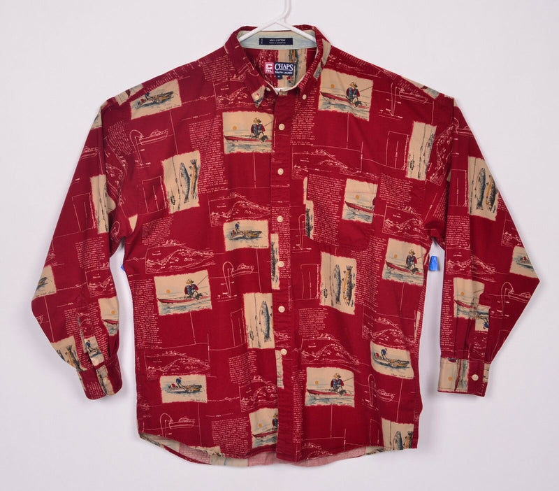 Vtg 90s Chaps Ralph Lauren Men's Sz XL Fishing Logo All Over Print Red Shirt