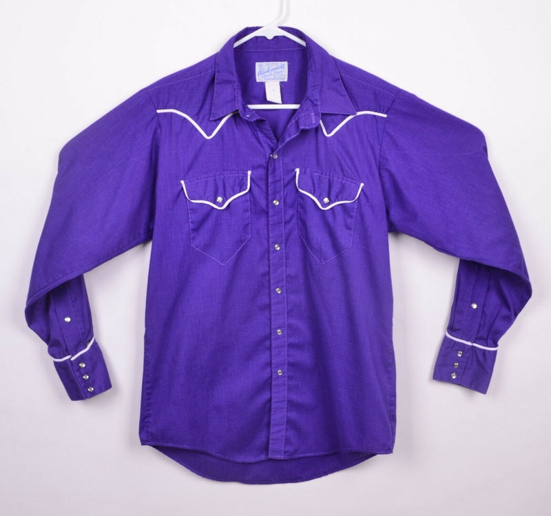 Vtg 70s Rockmount Ranchwear Men's Sz Medium Purple White Piping Pearl Snap Shirt