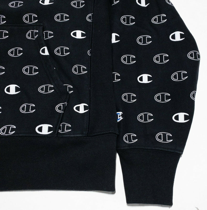 Champion Reverse Weave Men's Medium Logo All Over Print Black Hooded Sweatshirt