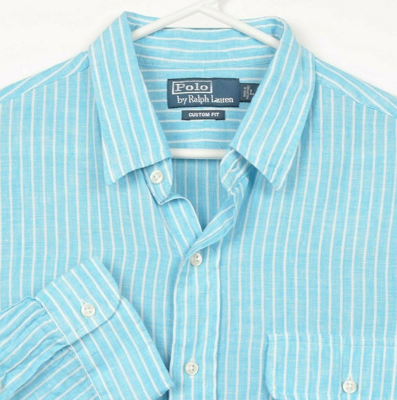 Polo Ralph Lauren Men's Large 100% Linen Aqua Blue Button-Front Shirt