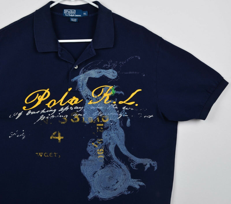 Polo Ralph Lauren Men's XL Dragon Navy Blue Paint Print Graphic Pony Polo Shirt