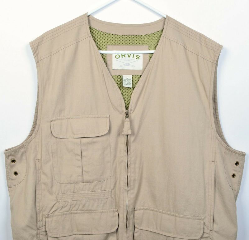 Orvis Men's XL Multi-Pocket Khaki Tan Fishing Safari Hiking Full Zip Vest