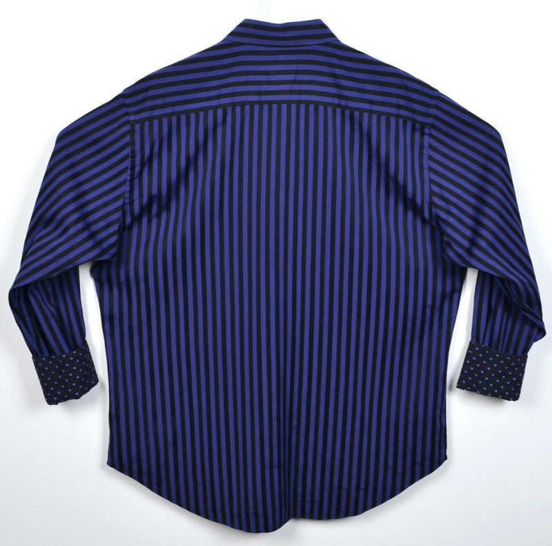 Robert Graham Men's XL Flip Cuff Blue Black Striped Snap-Front Crown Logo Shirt