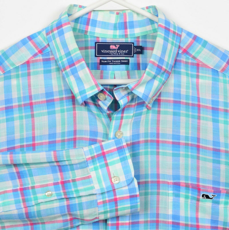 Vineyard Vines Men's 2XL Slim Fit Blue Green Red Plaid Whale Preppy Tucker Shirt