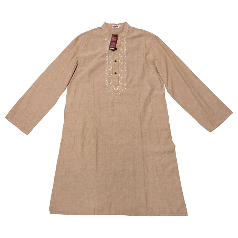 Fabindia Kurta Long Men's 42 Long Sleeve Embroidered Cotton Brown Woven