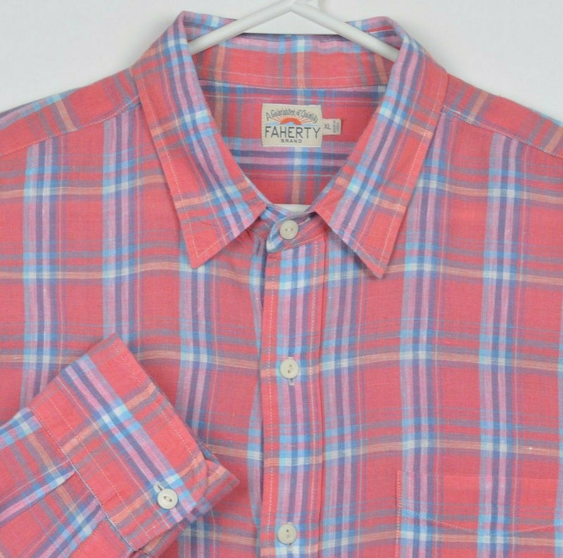 Faherty Men's XL 100% Linen Pink Blue Plaid Long Sleeve Button-Front Shirt