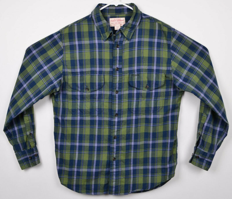 CC Filson Men's Sz Small Green Navy Blue Plaid Flannel Button-Down Shirt