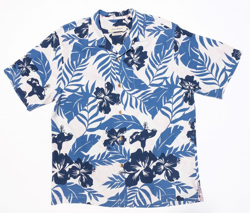 Tommy Bahama Silk Shirt Medium Original Fit Hawaiian Floral Blue Camp Collar