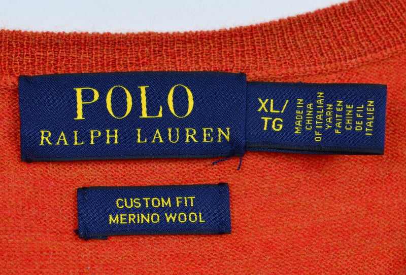 Polo Ralph Lauren Men's XL 100% Merino Wool Orange V-Neck Pullover Sweater