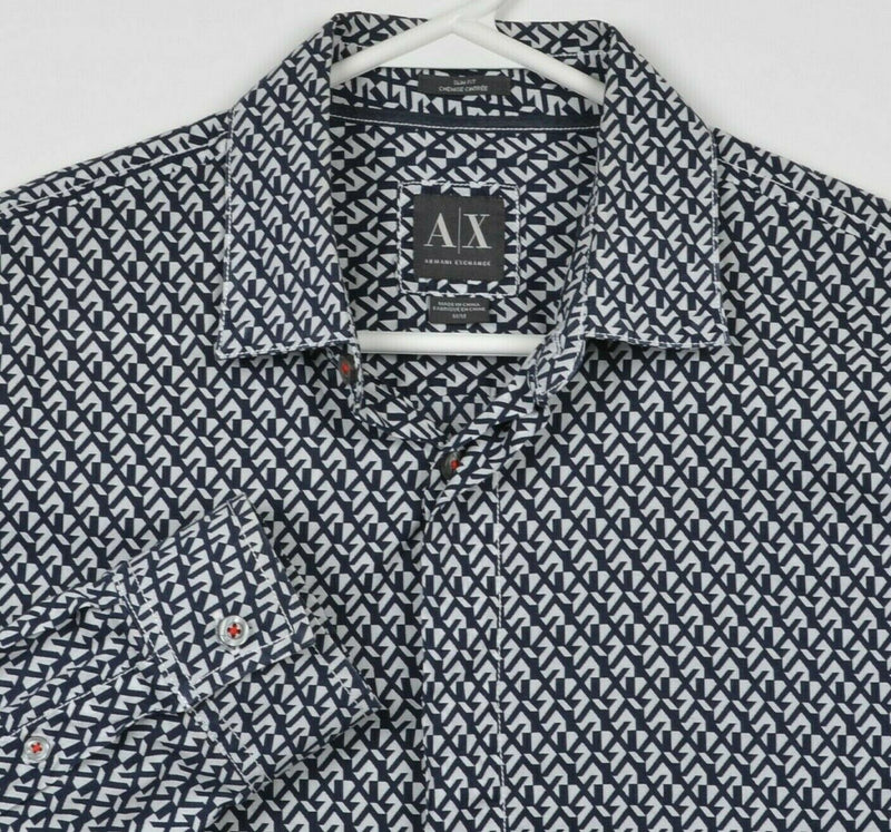 Armani Exchange A|X Men's Medium Slim Fit Navy Blue White Geometric Button Shirt