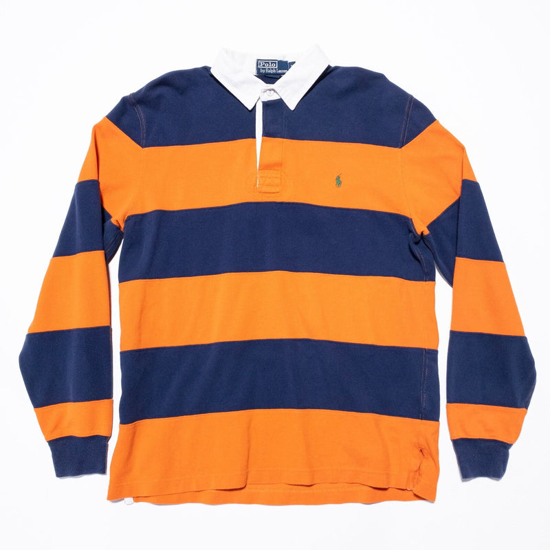 Polo Ralph Lauren Rugby Shirt Men's Medium Navy Blue Orange Striped 90s Preppy
